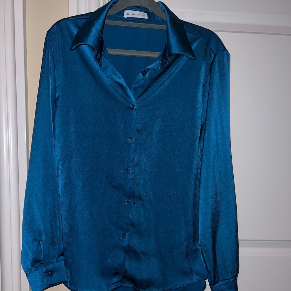 Satin Button-Down Shirt in Cerulean